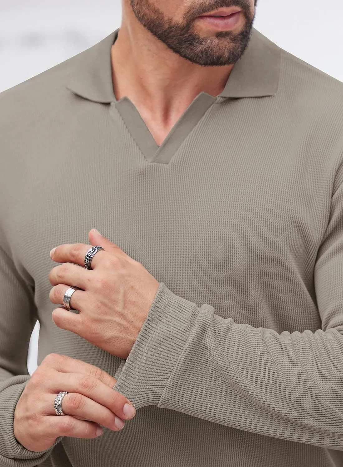 Mens Polo Shirts Long Sleeve V Neck Golf Shirt Casual Solid Color Classic Pullover (S-XXL)