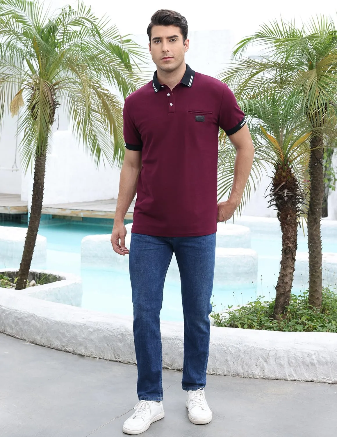 Mens Polo Shirts Short Sleeve Regular Fit Classic Plaid Collar Golf Shirts Men