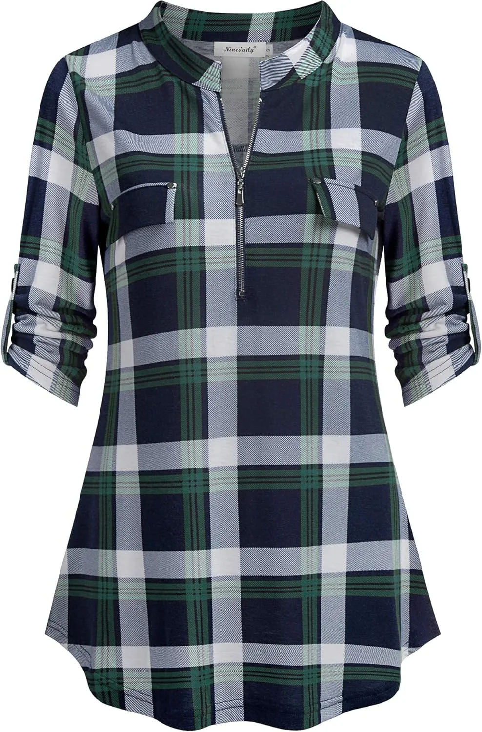 Ninedaily Women's 3/4 Sleeve Plaid Shirts Zip Floral Casual Tunic Blouse Tops