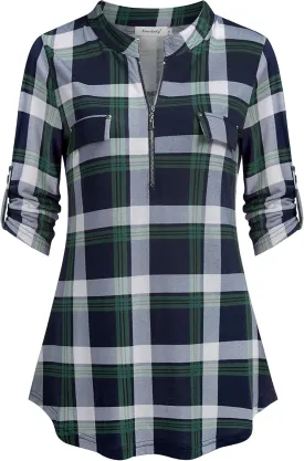 Ninedaily Women's 3/4 Sleeve Plaid Shirts Zip Floral Casual Tunic Blouse Tops