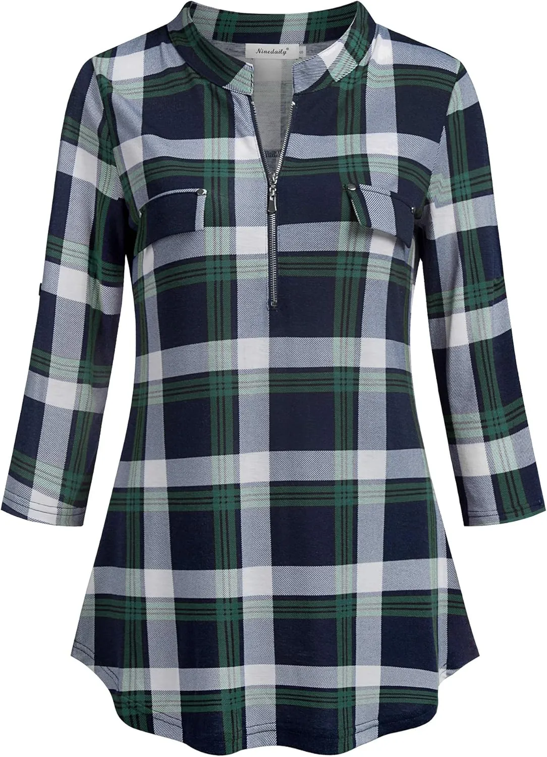 Ninedaily Women's 3/4 Sleeve Plaid Shirts Zip Floral Casual Tunic Blouse Tops