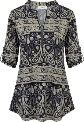 Ninedaily Women's 3/4 Sleeve Plaid Shirts Zip Floral Casual Tunic Blouse Tops