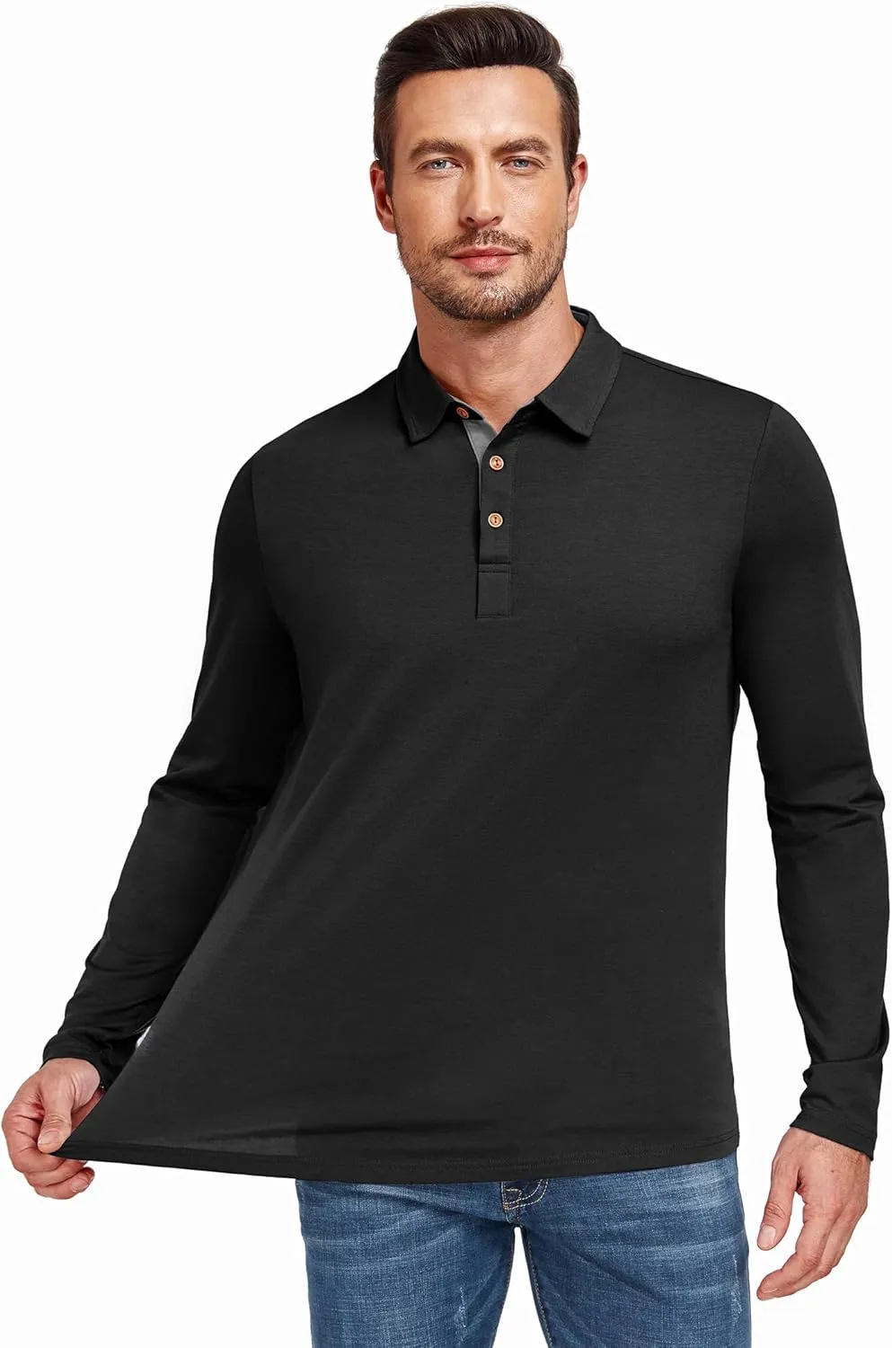 PEGENO Mens Polo Short/Long Sleeve Shirt Classic Button Basic Solid Color Designed Collared Polo Shirt Fashion Casual Shirts