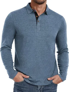 PEGENO Mens Polo Short/Long Sleeve Shirt Classic Button Basic Solid Color Designed Collared Polo Shirt Fashion Casual Shirts