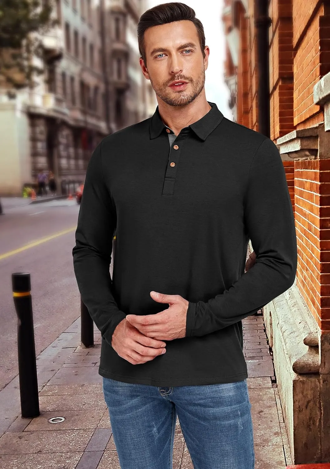 PEGENO Mens Polo Short/Long Sleeve Shirt Classic Button Basic Solid Color Designed Collared Polo Shirt Fashion Casual Shirts