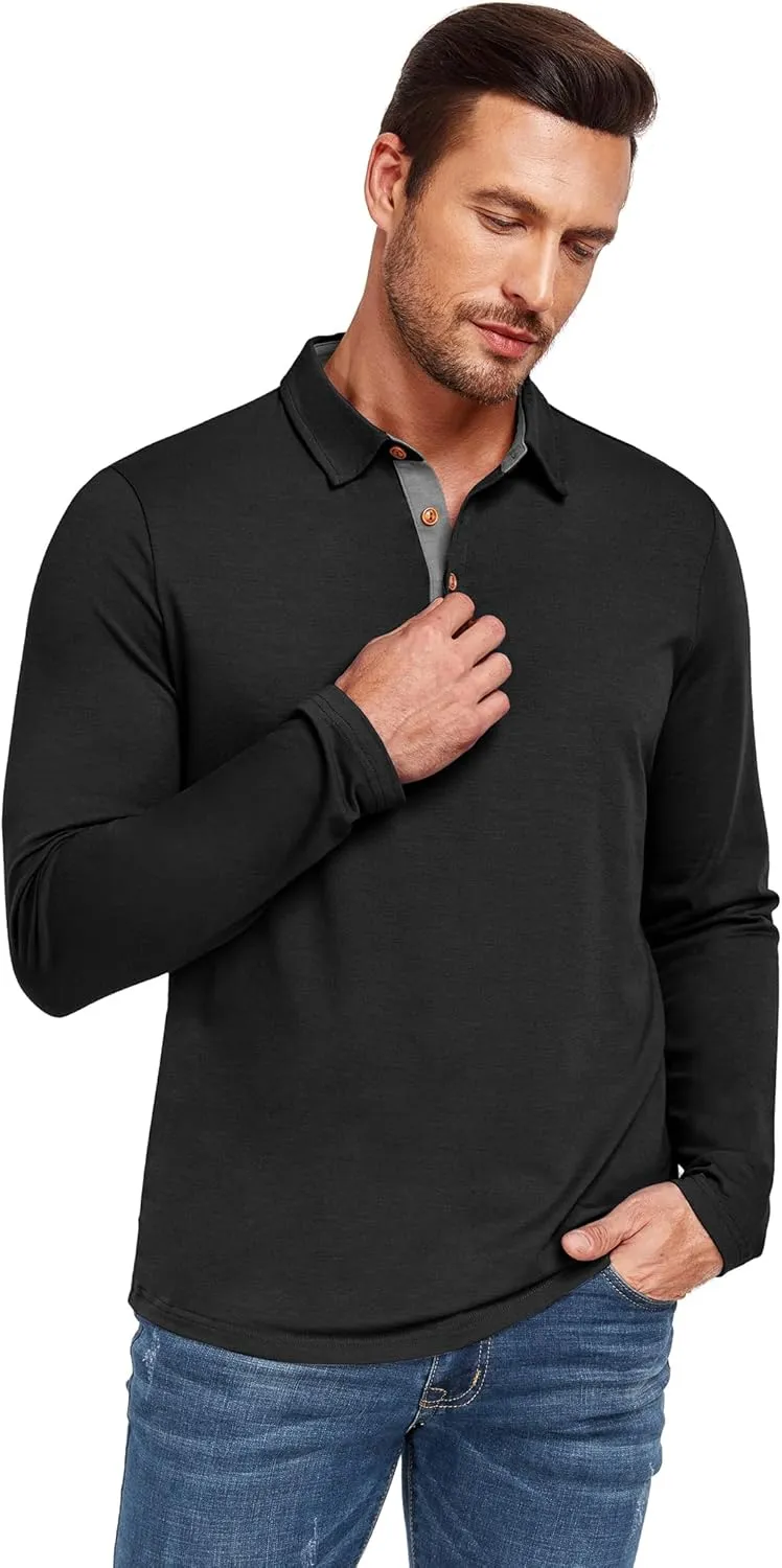PEGENO Mens Polo Short/Long Sleeve Shirt Classic Button Basic Solid Color Designed Collared Polo Shirt Fashion Casual Shirts