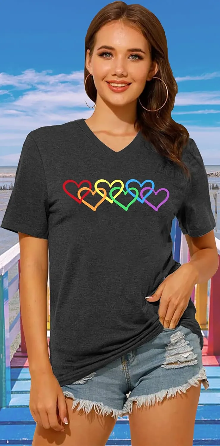 Pride Shirts for Women: Rainbow Graphic T-Shirts LGBT Equality Gay Pride Tees Casual V Neck Short Sleeve Tops