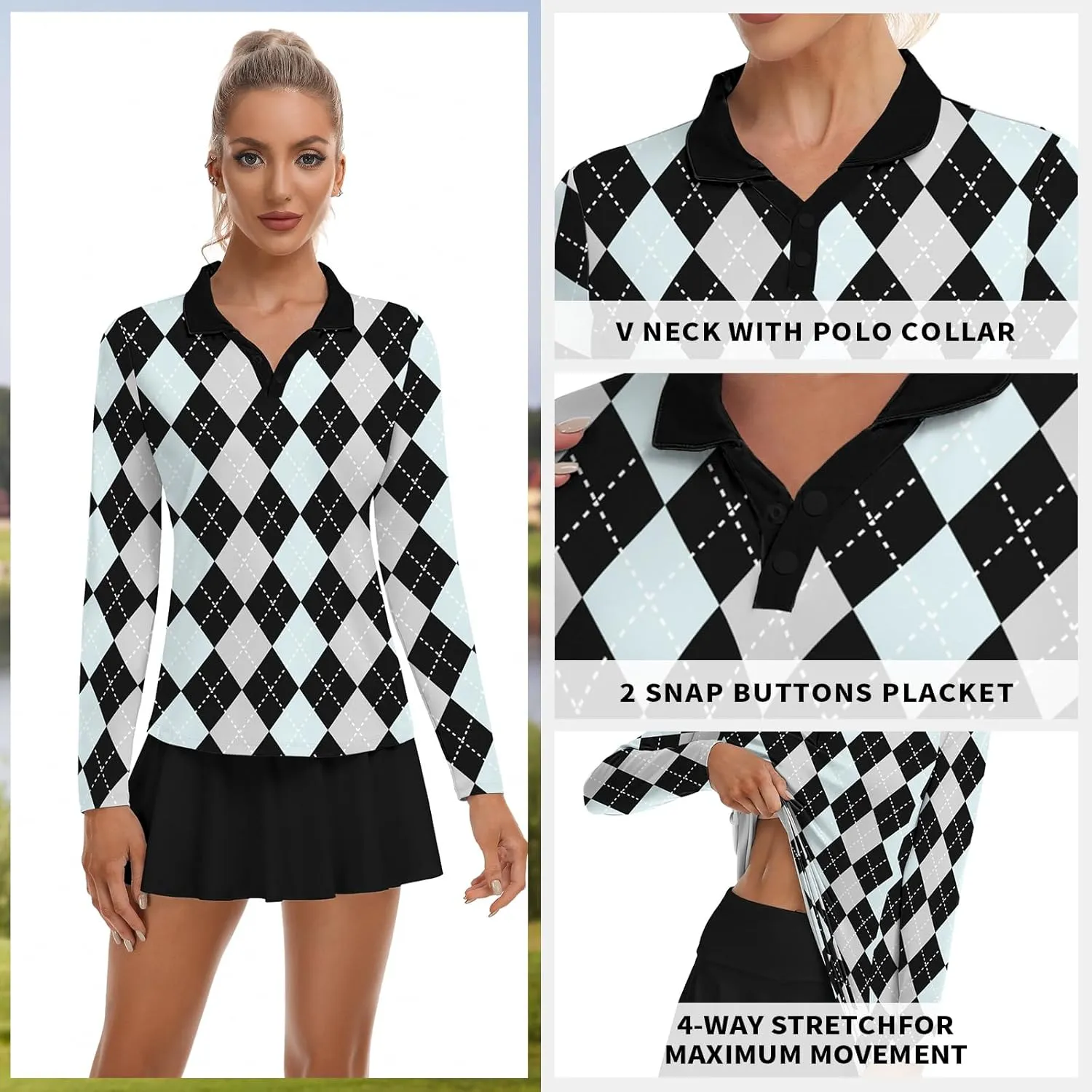 Soneven Women's Golf Polo Shirts - Moisture Wicking Long Sleeve Collared V-Neck