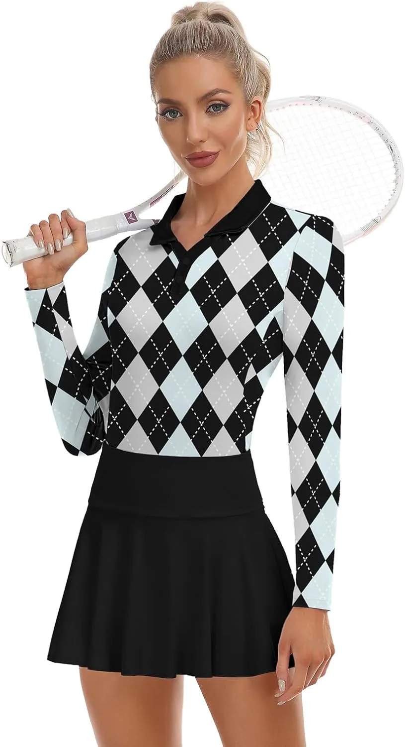 Soneven Women's Golf Polo Shirts - Moisture Wicking Long Sleeve Collared V-Neck
