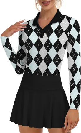 Soneven Women's Golf Polo Shirts - Moisture Wicking Long Sleeve Collared V-Neck