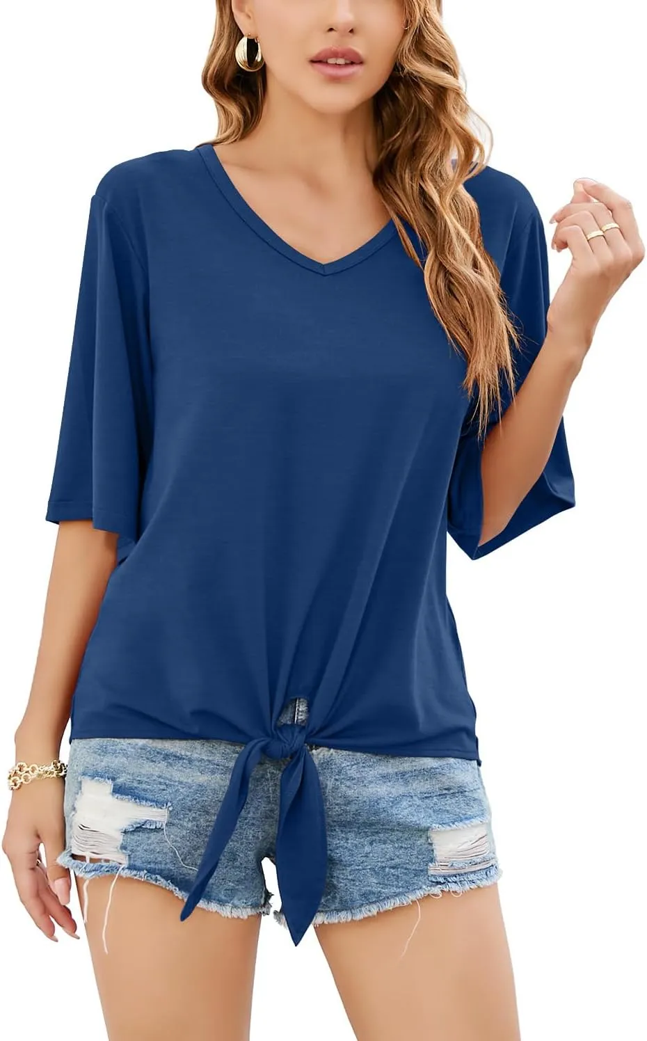 SUEANI Women's Tie Front Tops Summer V Neck 3/4 Bell Sleeve Twist Knot T Shirts