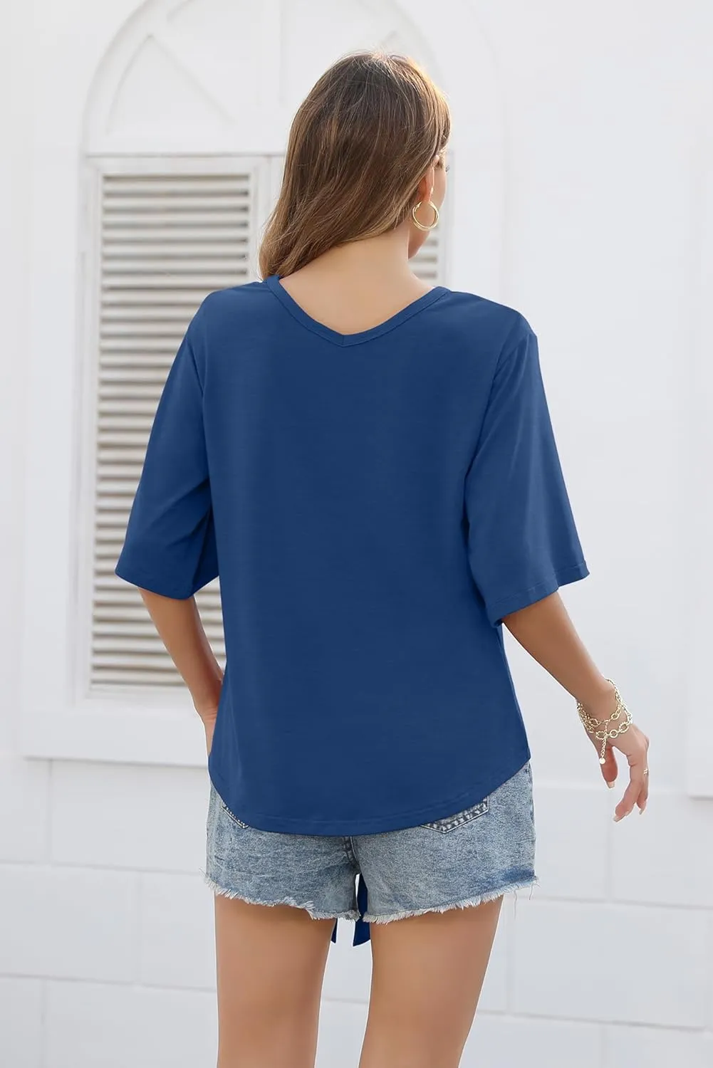 SUEANI Women's Tie Front Tops Summer V Neck 3/4 Bell Sleeve Twist Knot T Shirts
