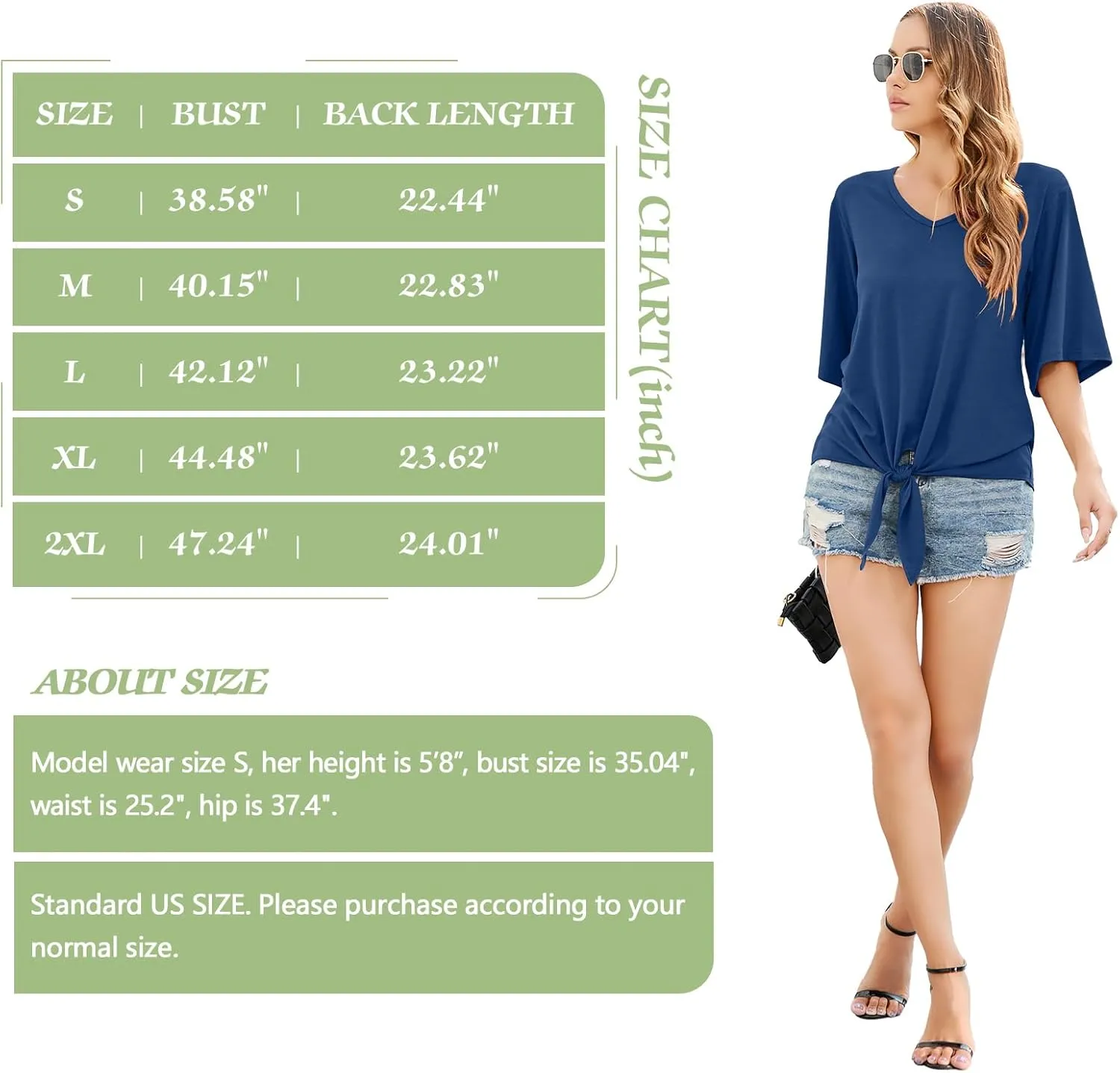 SUEANI Women's Tie Front Tops Summer V Neck 3/4 Bell Sleeve Twist Knot T Shirts