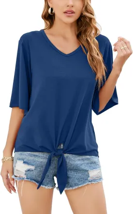 SUEANI Women's Tie Front Tops Summer V Neck 3/4 Bell Sleeve Twist Knot T Shirts