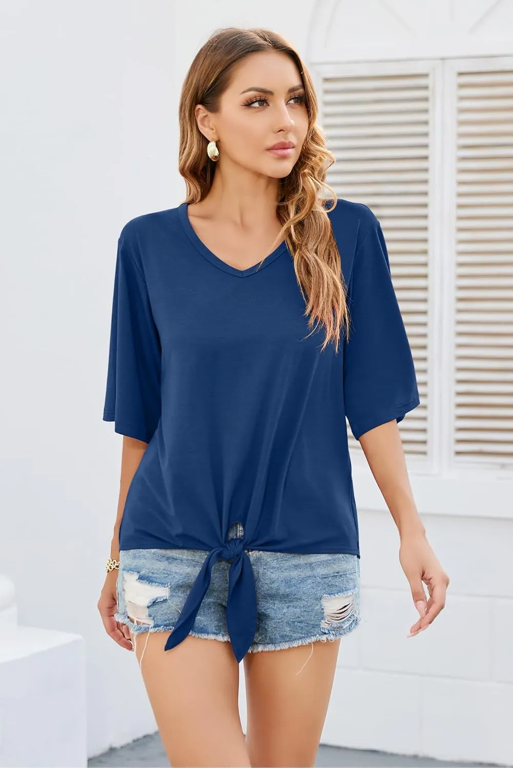SUEANI Women's Tie Front Tops Summer V Neck 3/4 Bell Sleeve Twist Knot T Shirts