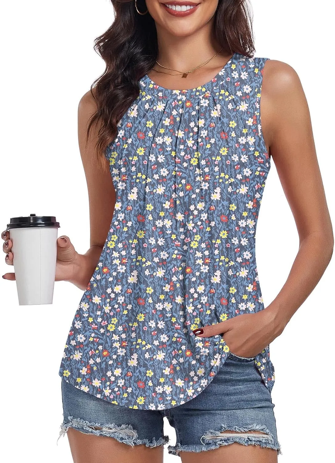 syoss Women's Summer Tank Tops Pleated Round Neck Sleeveless Tops