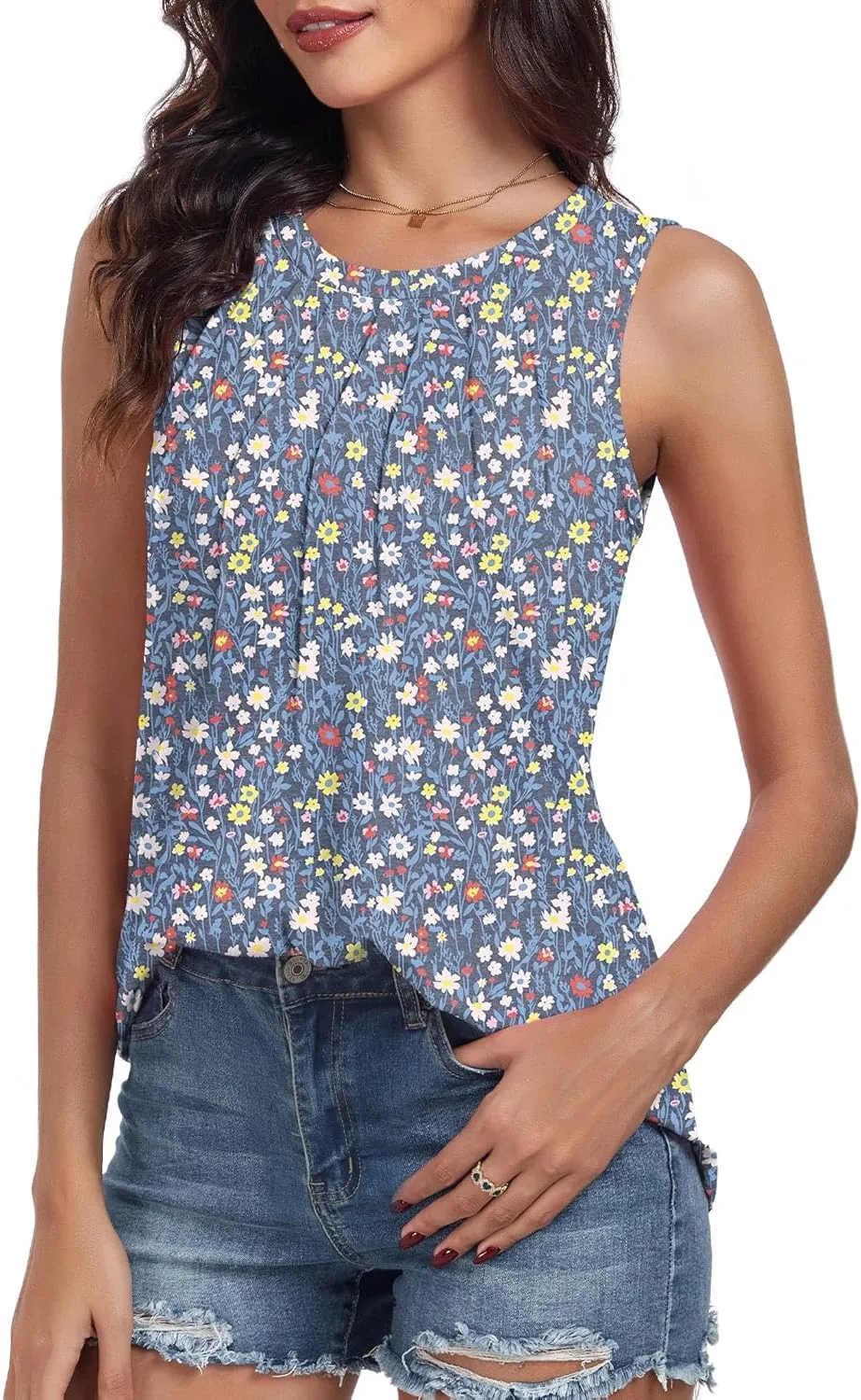 syoss Women's Summer Tank Tops Pleated Round Neck Sleeveless Tops