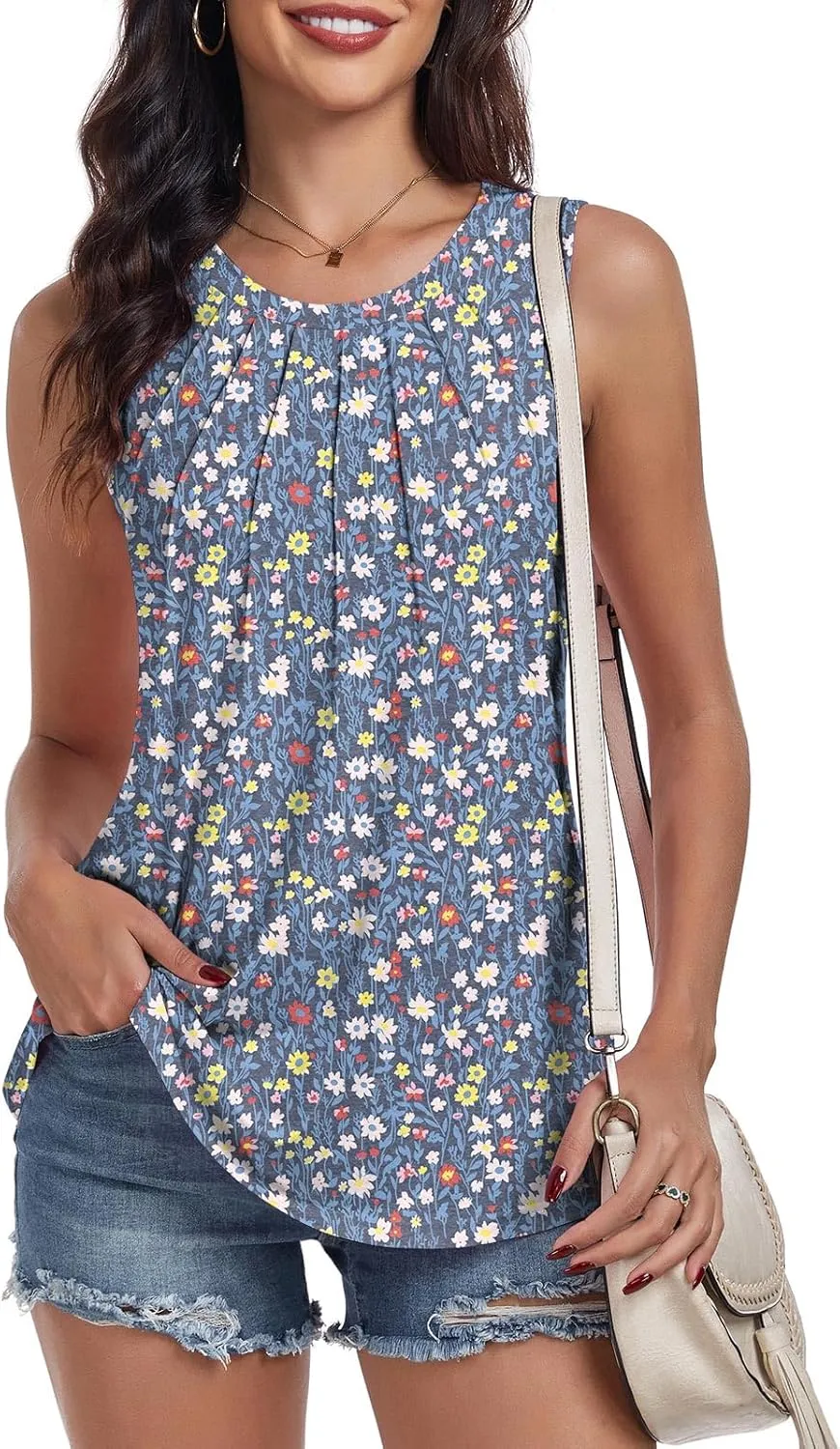 syoss Women's Summer Tank Tops Pleated Round Neck Sleeveless Tops