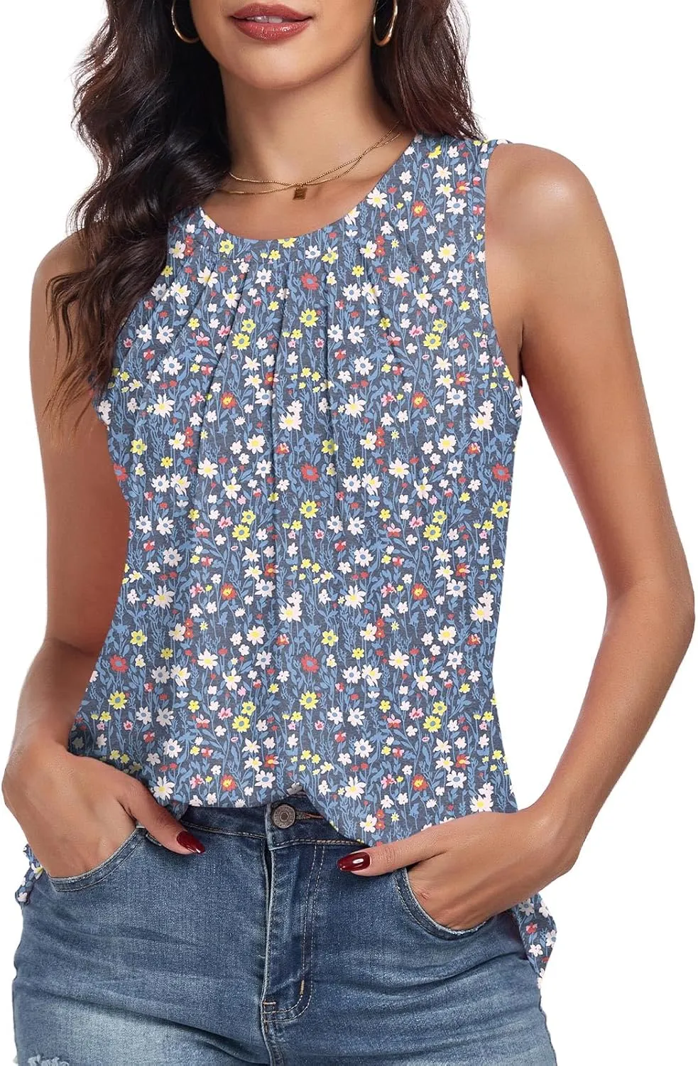 syoss Women's Summer Tank Tops Pleated Round Neck Sleeveless Tops
