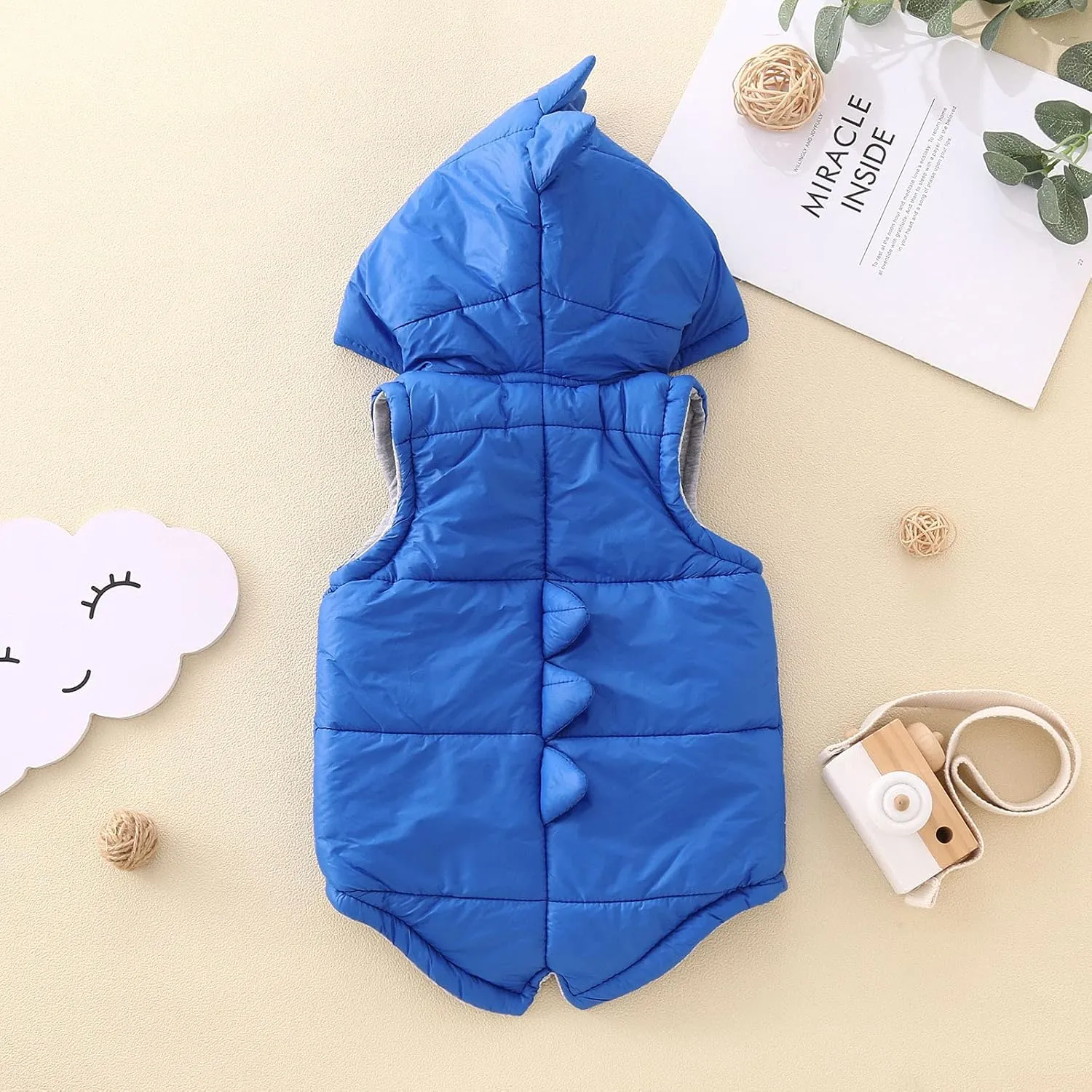 Toddler Baby Boys Girls 3D Dinosaur Puffer Vest Cotton Lined Sleeveless Hooded Jacket Solid Kids Fall Winter Outwear