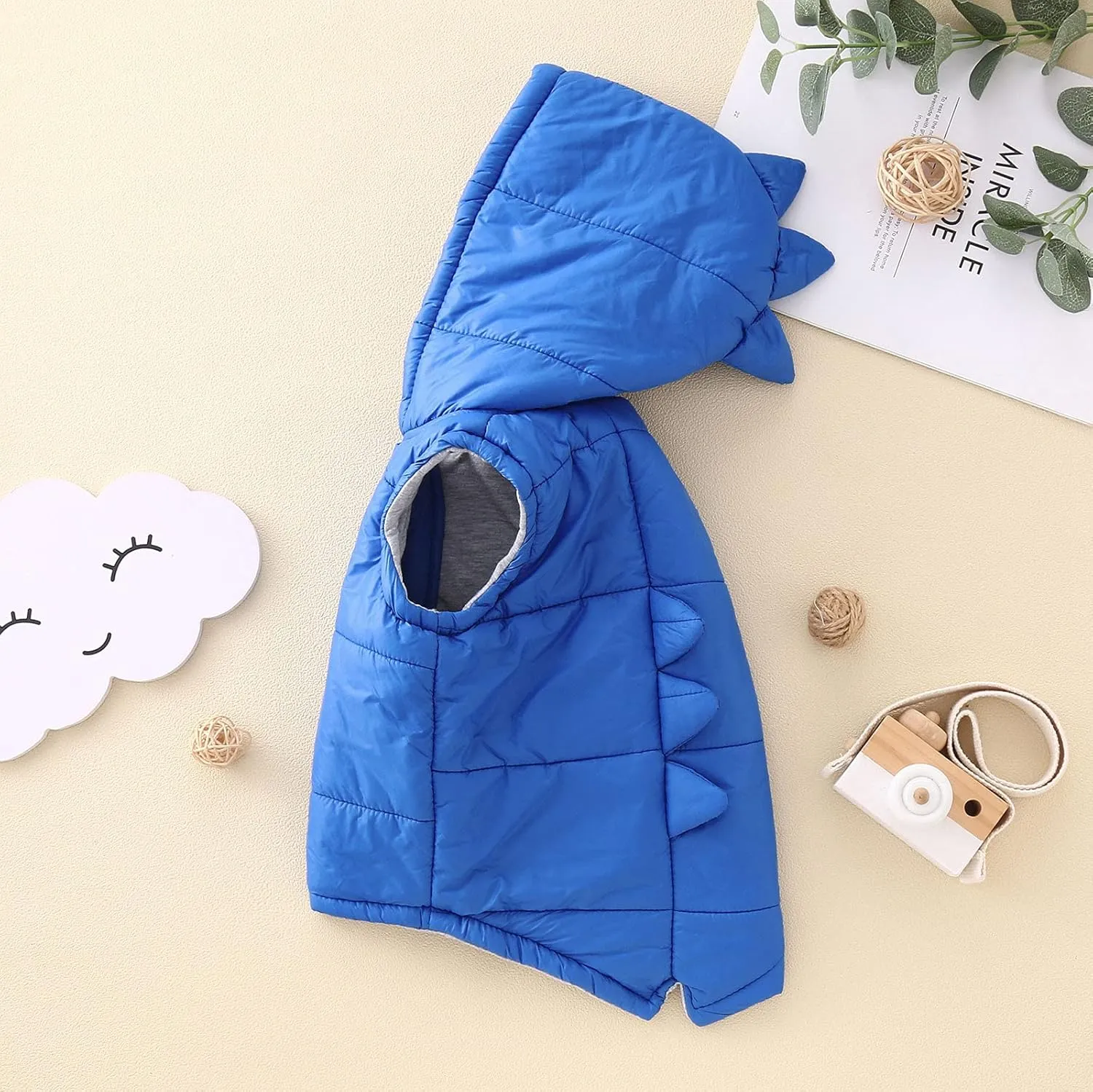 Toddler Baby Boys Girls 3D Dinosaur Puffer Vest Cotton Lined Sleeveless Hooded Jacket Solid Kids Fall Winter Outwear