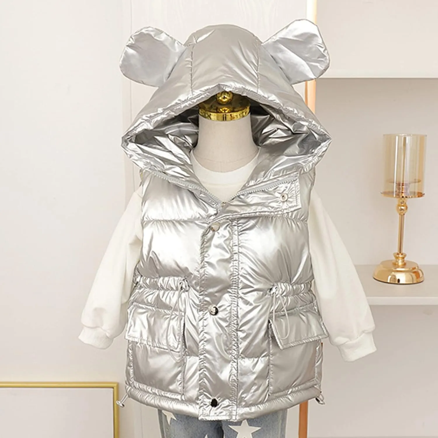 Toddler Boys Girls Puffer Vest Lightweight Water-Resistant Winter Warm Jacket Hoodie Kids Sleeveless Shiny Coats