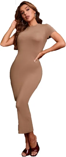 Verdusa Women's Round Neck Cap Sleeve Solid Long Pencil Bodycon Dress