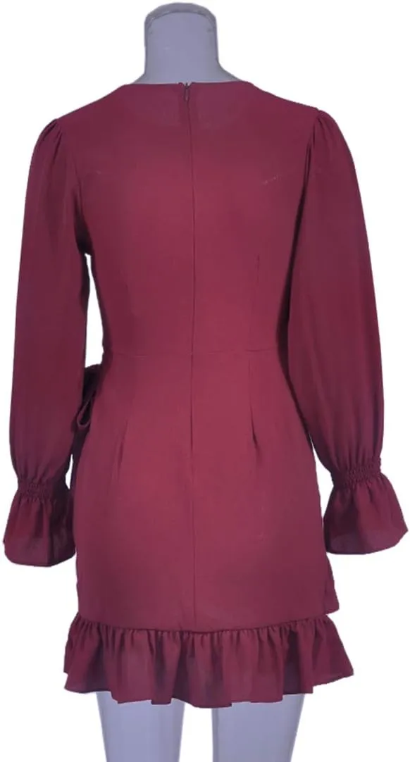 WEEPINLEE Womens Long Sleeve Round Neck Ruffles Wrap Dresses Party Dress