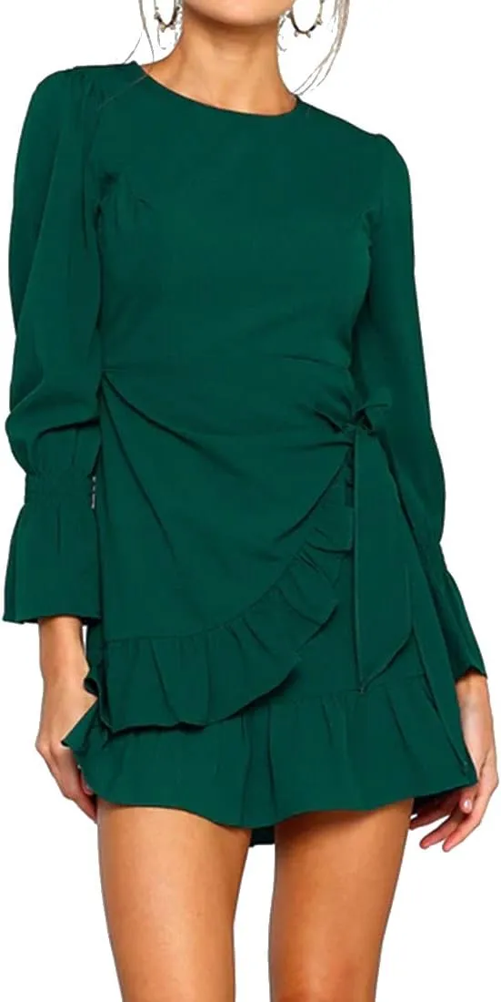 WEEPINLEE Womens Long Sleeve Round Neck Ruffles Wrap Dresses Party Dress