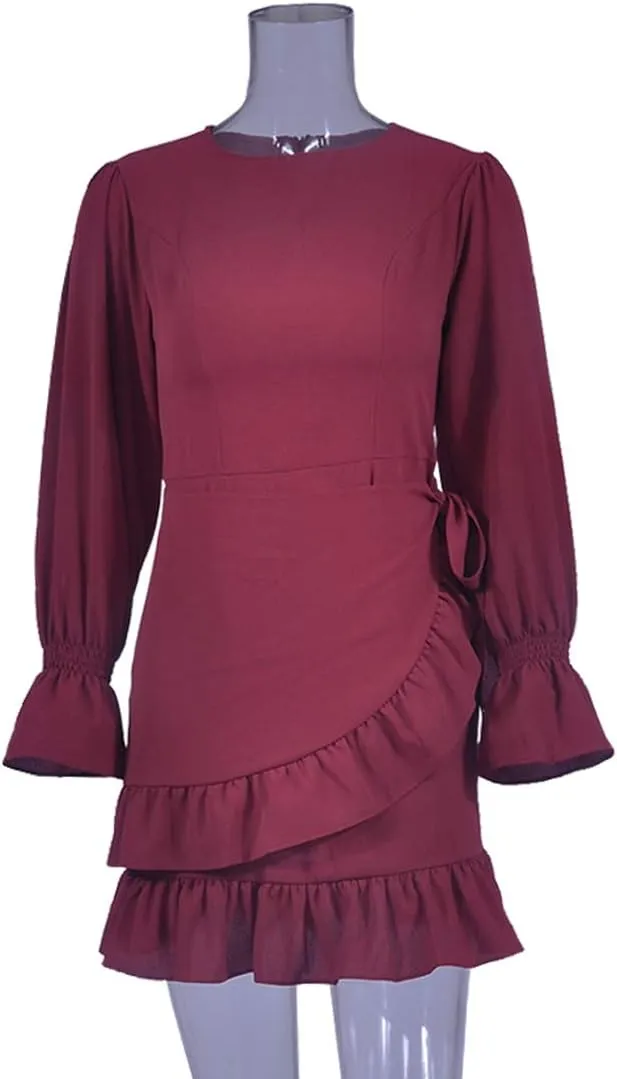 WEEPINLEE Womens Long Sleeve Round Neck Ruffles Wrap Dresses Party Dress