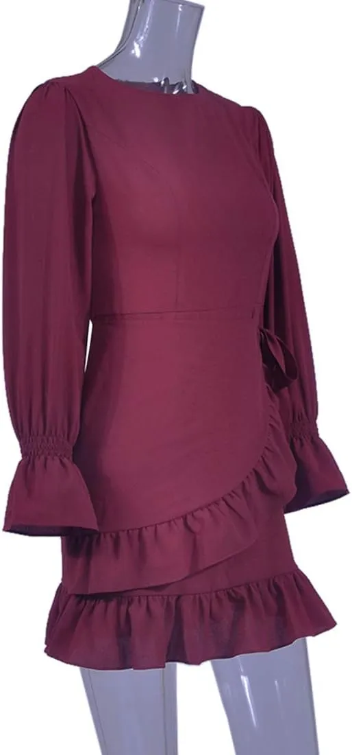 WEEPINLEE Womens Long Sleeve Round Neck Ruffles Wrap Dresses Party Dress