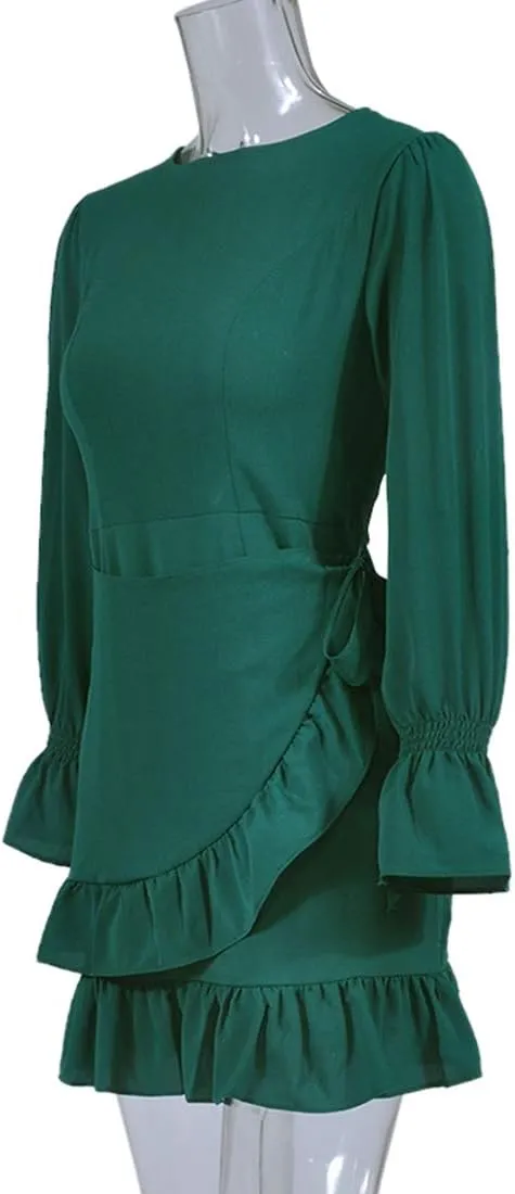 WEEPINLEE Womens Long Sleeve Round Neck Ruffles Wrap Dresses Party Dress