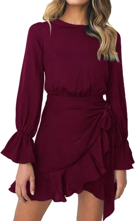 WEEPINLEE Womens Long Sleeve Round Neck Ruffles Wrap Dresses Party Dress