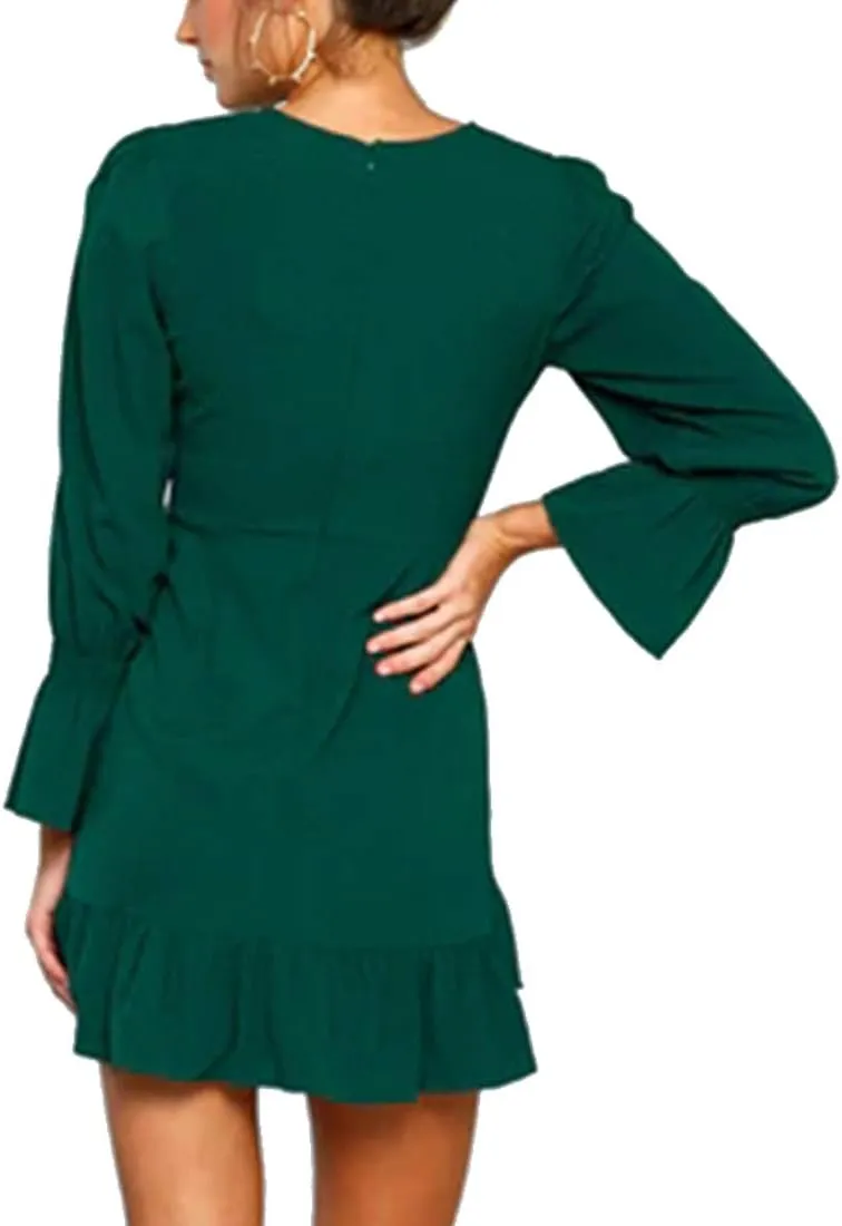 WEEPINLEE Womens Long Sleeve Round Neck Ruffles Wrap Dresses Party Dress