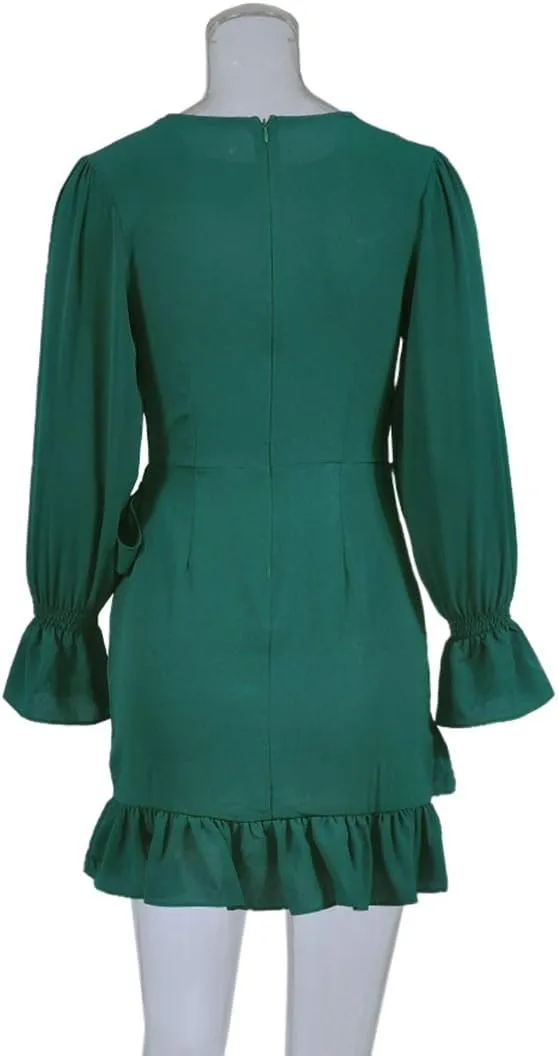 WEEPINLEE Womens Long Sleeve Round Neck Ruffles Wrap Dresses Party Dress