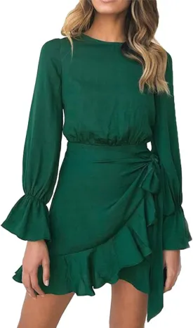 WEEPINLEE Womens Long Sleeve Round Neck Ruffles Wrap Dresses Party Dress