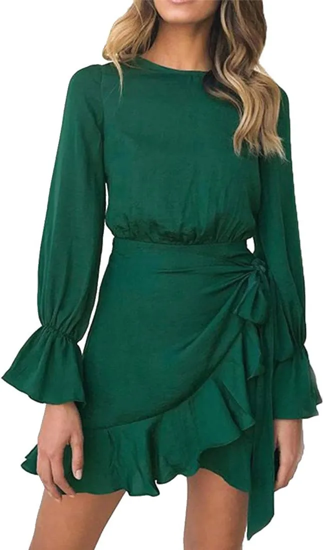 WEEPINLEE Womens Long Sleeve Round Neck Ruffles Wrap Dresses Party Dress