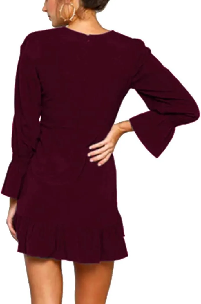 WEEPINLEE Womens Long Sleeve Round Neck Ruffles Wrap Dresses Party Dress