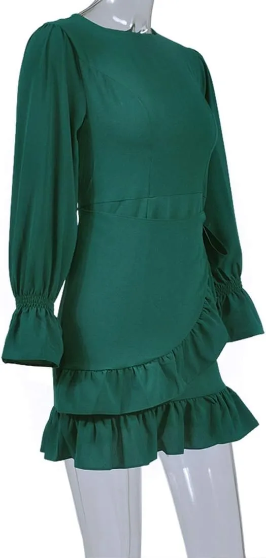 WEEPINLEE Womens Long Sleeve Round Neck Ruffles Wrap Dresses Party Dress
