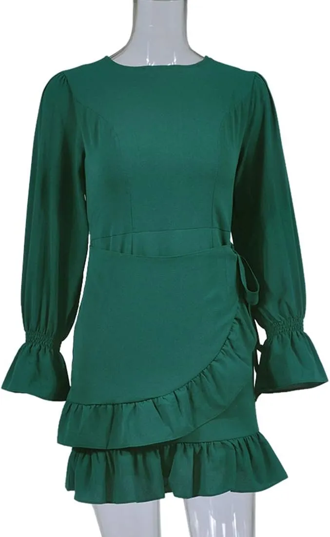 WEEPINLEE Womens Long Sleeve Round Neck Ruffles Wrap Dresses Party Dress