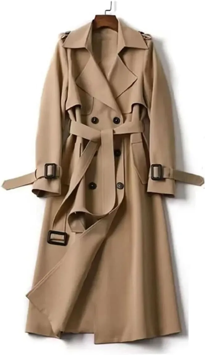Women's Autumn Casual Khaki Lace-Up Street Loose Double-Breasted Trench Coat