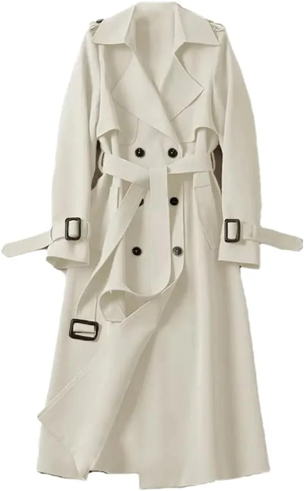 Women's Autumn Casual Khaki Lace-Up Street Loose Double-Breasted Trench Coat