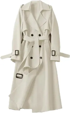 Women's Autumn Casual Khaki Lace-Up Street Loose Double-Breasted Trench Coat