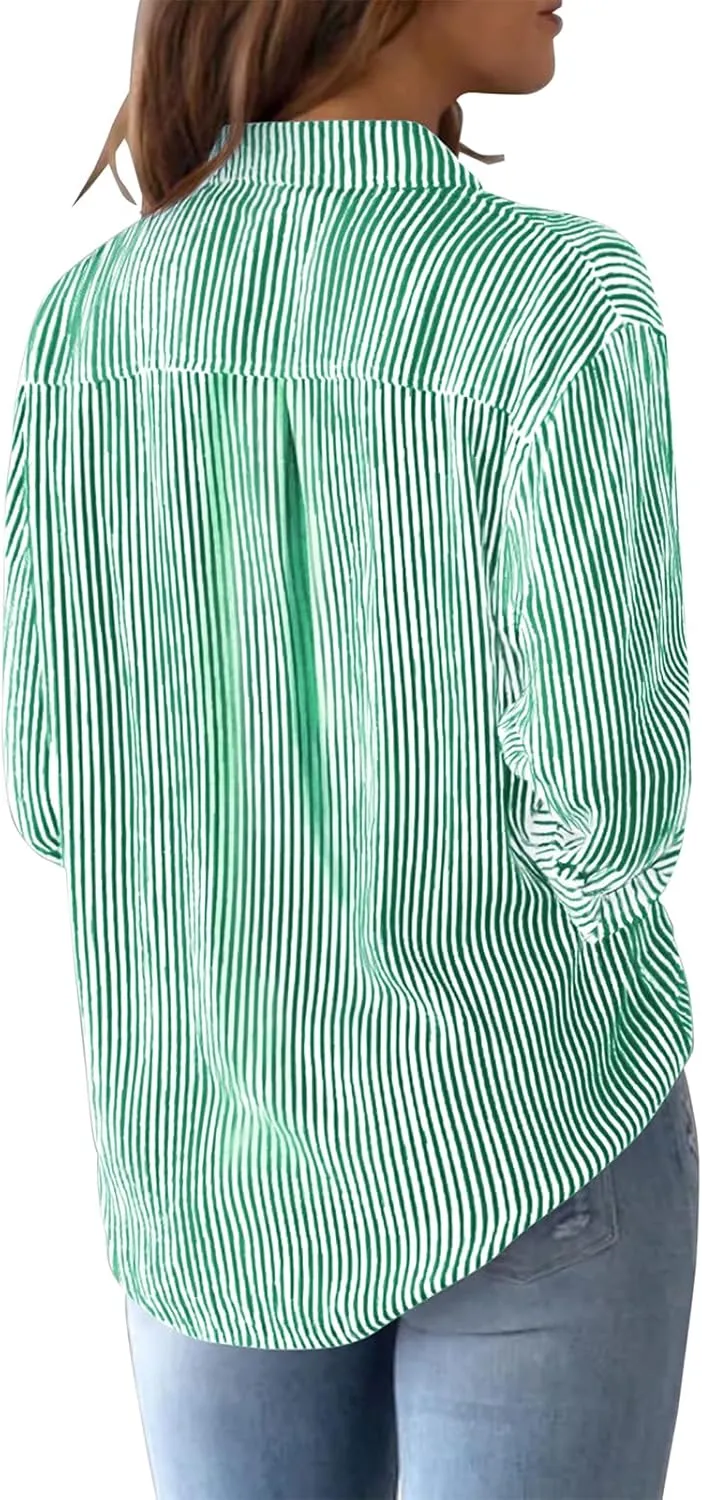 Womens Button Down Shirts Cotton Striped Dress Shirts Long Sleeve Button Up Collared Office Work Blouses Tops