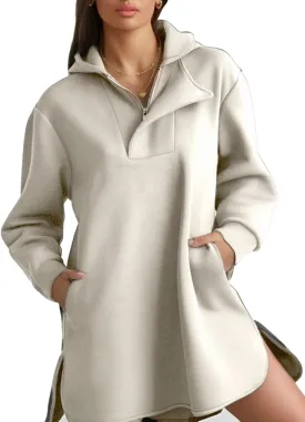 Women's Oversized Hoodies Dress Trendy Pullover Long Sleeve Half Zip Hooded Sweatshirts with Pocket